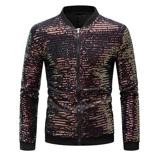 Beokeuioe Herren Metallic Pailletten jacke Baseball Bomberjacke 70er Disco Party Kostüm Karneval Outfit Streetwear Glänzende Nachtclub Wetlook Bomber Jacke kurze mit Reißverschluss von Beokeuioe