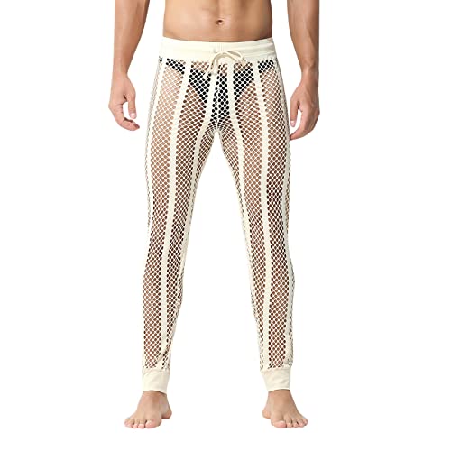 Beokeuioe Herren Muscle Fit Long Pants Fischnetz Transparent Durchsichtige Muskelleggings Hose Atmungsaktive Bottom Low Rise Netzhose Lange Unterhose Loungehose von Beokeuioe