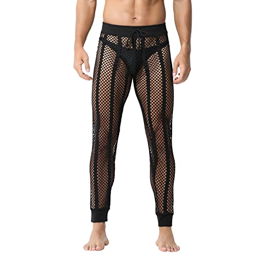 Beokeuioe Herren Muscle Fit Long Pants Fischnetz Transparent Durchsichtige Muskelleggings Hose Atmungsaktive Bottom Low Rise Netzhose Lange Unterhose Loungehose von Beokeuioe