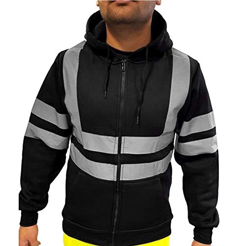 Beokeuioe Herren Reflektierend Streifen Straßenarbeitskleidung Arbeitsjacke Sicherheitsjacke Langarm Sweatshirt mit Kapuze Warn-Sweatshirt hohe Executive Warnjacke von Beokeuioe