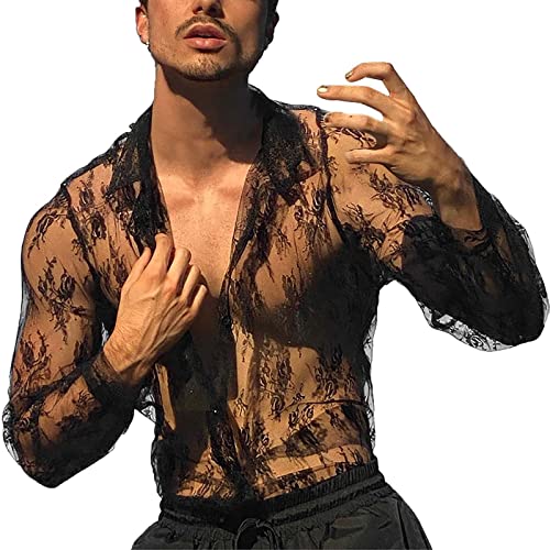 Beokeuioe Herren Transparent Langarmshirt Club Bar Hemd Blumen Spitze Button Down Langarm Hemd Netzhemd durchsichtig Slim Fit Sexy Spitzenhemd Langarmshirts von Beokeuioe