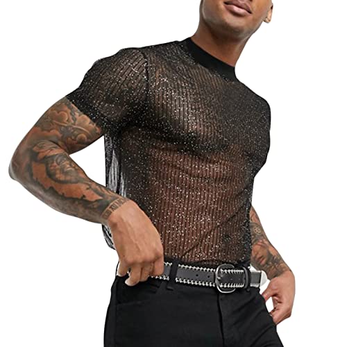 Beokeuioe Herren Unterhemd Netzstruktur - Netzhemd mit halbem Arm Herren T Shirt Netzhemd Herren Netzoberteil Netzshirt Männer Unterhemden Sexy Clubwear von Beokeuioe