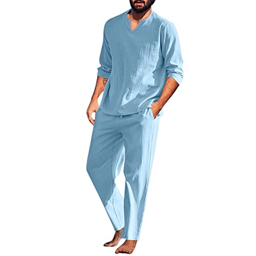 Beokeuioe Herren Zweiteiliger Nachtwäsche Langarm Shirt und Loungehose mit V Ausschnitt Baumwolle Leinen Schlafanzug Männer Pyjama-Set Retro Lange Ärmel T-Shirt von Beokeuioe