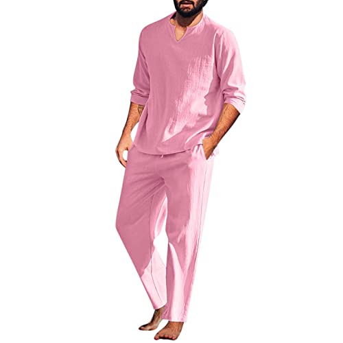Beokeuioe Herren Zweiteiliger Nachtwäsche Langarm Shirt und Loungehose mit V Ausschnitt Baumwolle Leinen Schlafanzug Männer Pyjama-Set Retro Lange Ärmel T-Shirt von Beokeuioe
