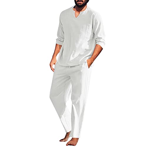 Beokeuioe Herren Zweiteiliger Nachtwäsche Langarm Shirt und Loungehose mit V Ausschnitt Baumwolle Leinen Schlafanzug Männer Pyjama-Set Retro Lange Ärmel T-Shirt von Beokeuioe