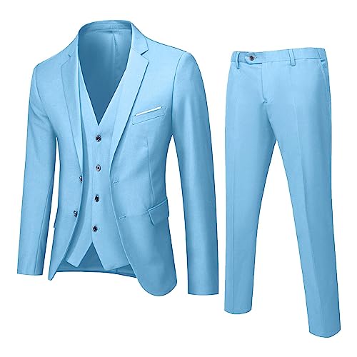 Beokeuioe Herrenanzug Anzug Herren Slim Fit 3 Teilig Anzüge Sakko für Hochzeit Business Sakko Hochzeit Hellblau Anzug Bräutigam Anzughose Anzugjacken Westen Regular von Beokeuioe