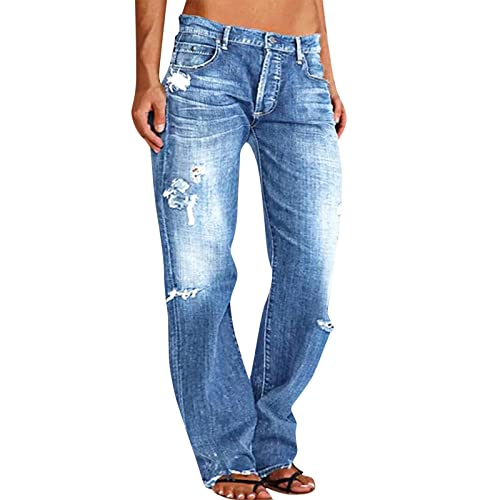 Beokeuioe Jeans Mit Weitem Bein für Damen, Damen Boyfriend Jeans Mom-Jeans mit Hoher Taille, Lockere Lange Baggy-Denim-Jeans für Büro und Freizeit Zerfetzte Jeans von Beokeuioe