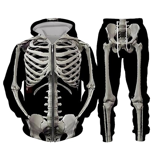 Beokeuioe Kapuzenpullover Herren Halloween Skelett Trainingsanzug Pullover Jogger Unisex Jogginganzug Set Sportanzug Totenkopf 2 Teiliges Outfit Zweiteiler Freizeitanzug von Beokeuioe