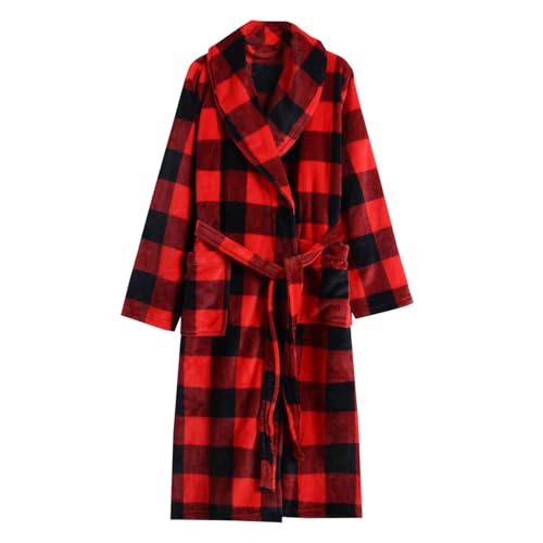 Beokeuioe Karierte Schlafanzug Damen lang Flanell Bademantel Damen Flauschig, Morgenmantel Damen, Fleece Bademäntel für Damen Saunamantel Winter Loungewear Robe von Beokeuioe