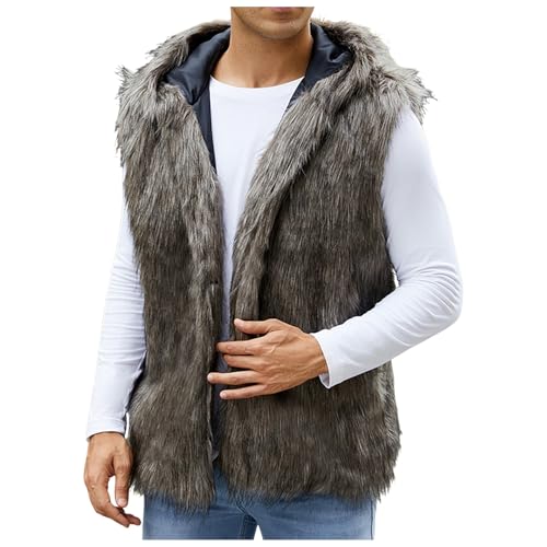 Beokeuioe Kunst Pelzweste Herren mit Kapuze Faux Fellweste Leopardenmuster Fleeceweste Kunstpelz Westen Plüsch Winterweste Kunstpelzmantel Faux Pelzjacke Fellmantel Wintermantel von Beokeuioe