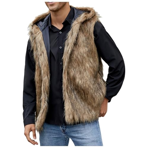 Beokeuioe Kunst Pelzweste Herren mit Kapuze Leopardenmuster Fleeceweste Faux Fellweste Kunstpelz Westen Plüsch Winterweste Kunstpelzmantel Faux Pelzjacke Fellmantel Wintermantel von Beokeuioe