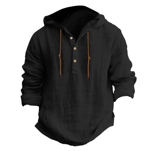 Beokeuioe Leinenhemd Herren Baumwolle Leinen Hoodie Knopfleiste Langarm Hemd Mit Kapuze, Modische Langarmshirt Strand Shirt Einfarbig Hoody Oberteile Leichte Sommerhemd Freizeithemden von Beokeuioe