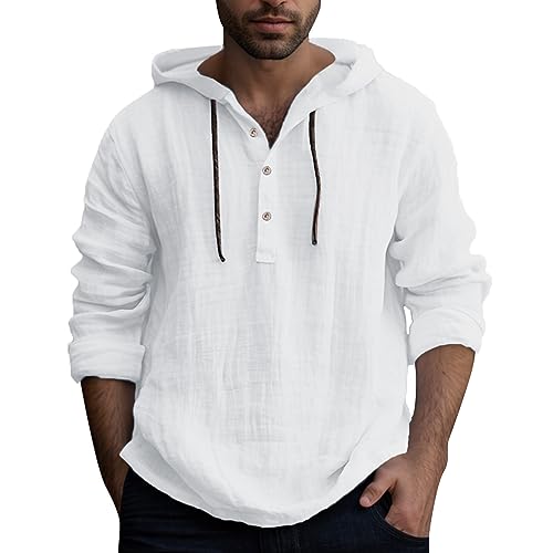 Beokeuioe Leinenhemd Herren Baumwolle Leinen Hoodie Knopfleiste Langarm Hemd Mit Kapuze, Modische Langarmshirt Strand Shirt Einfarbig Hoody Oberteile Leichte Sommerhemd Freizeithemden von Beokeuioe