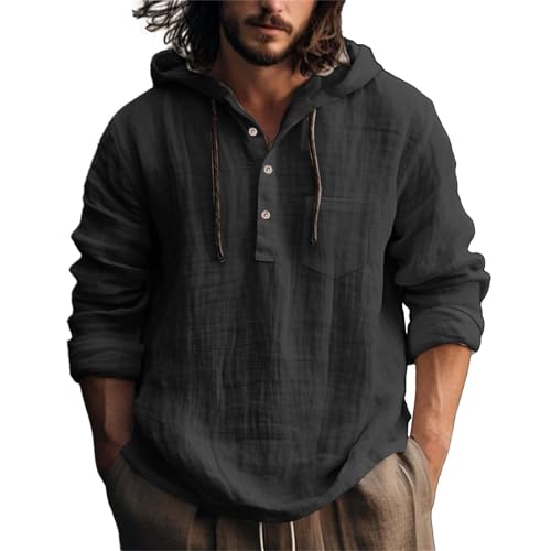 Beokeuioe Leinenhemd Herren Baumwolle Leinen Hoodie Knopfleiste Langarm Hemd Mit Kapuze, Modische Langarmshirt Strand Shirt Einfarbig Hoody Oberteile Leichte Sommerhemd Freizeithemden von Beokeuioe