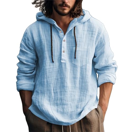 Beokeuioe Leinenhemd Herren Baumwolle Leinen Hoodie Knopfleiste Langarm Hemd Mit Kapuze, Modische Langarmshirt Strand Shirt Einfarbig Hoody Oberteile Leichte Sommerhemd Freizeithemden von Beokeuioe