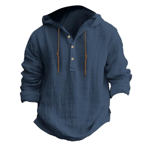 Beokeuioe Leinenhemd Herren Baumwolle Leinen Hoodie Knopfleiste Langarm Hemd Mit Kapuze, Modische Langarmshirt Strand Shirt Einfarbig Hoody Oberteile Leichte Sommerhemd Freizeithemden von Beokeuioe