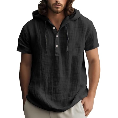 Beokeuioe Leinenhemd Herren Baumwolle Leinen Hoodie Knopfleiste Langarm Hemd Mit Kapuze, Modische Langarmshirt Strand Shirt Einfarbig Hoody Oberteile Leichte Sommerhemd Freizeithemden von Beokeuioe