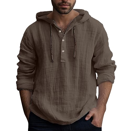 Beokeuioe Leinenhemd Herren Baumwolle Leinen Hoodie Knopfleiste Langarm Hemd Mit Kapuze, Modische Langarmshirt Strand Shirt Einfarbig Hoody Oberteile Leichte Sommerhemd Freizeithemden von Beokeuioe