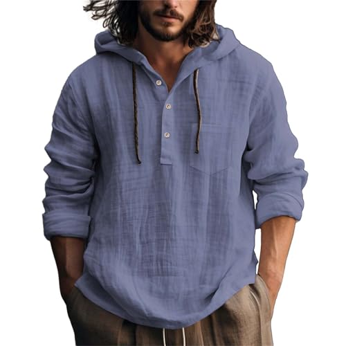 Beokeuioe Leinenhemd Herren Baumwolle Leinen Hoodie Knopfleiste Langarm Hemd Mit Kapuze, Modische Langarmshirt Strand Shirt Einfarbig Hoody Oberteile Leichte Sommerhemd Freizeithemden von Beokeuioe