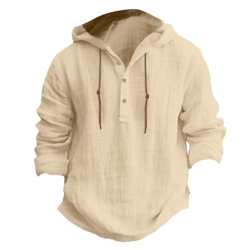 Beokeuioe Leinenhemd Herren Baumwolle Leinen Hoodie Knopfleiste Langarm Hemd Mit Kapuze, Modische Langarmshirt Strand Shirt Einfarbig Hoody Oberteile Leichte Sommerhemd Freizeithemden von Beokeuioe