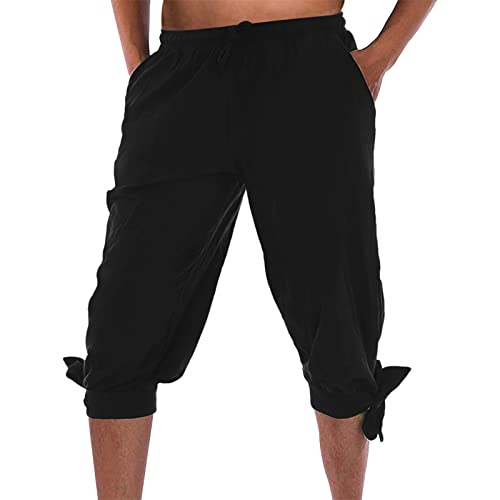 Beokeuioe Mittelalter Kostüm Herren Kurz Hose Pluderhose Mit Schnürung Sommerhose Wikinger Pirat Freizeithose Strand Shorts 3/4 Leinenhose Baggy shorts Yoga hosen von Beokeuioe