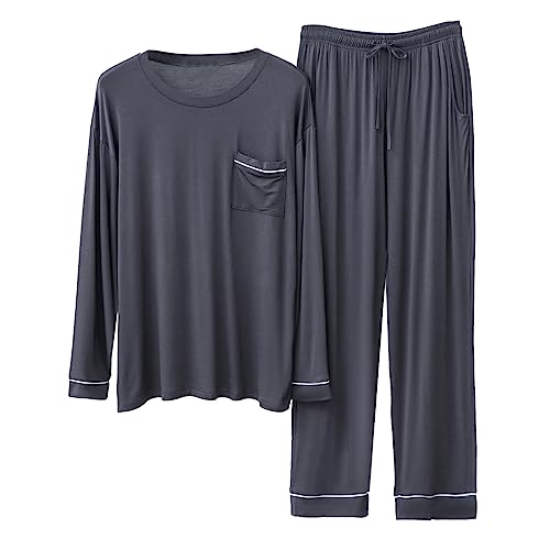 Beokeuioe Nachtwäsche Männer Pyjama Zweiteiliger mit Schlafhose und Nachthemd Langarm Schlafanzüge Herren Lang Hausanzug Modal Baumwolle Freizeitanzug Weich Sleepwear Schlafanzuge von Beokeuioe