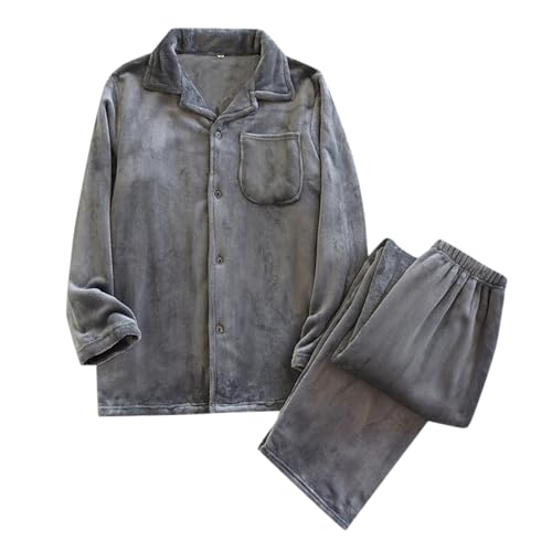 Beokeuioe Nachtwäsche Warm Zweiteiliger Pyjama Herren Winter Fleece Schlafanzug Langarm Loungewear Set Flanell Schlafhose und Nachthemd Schlafoberteile Knöpfen Sleepwear von Beokeuioe