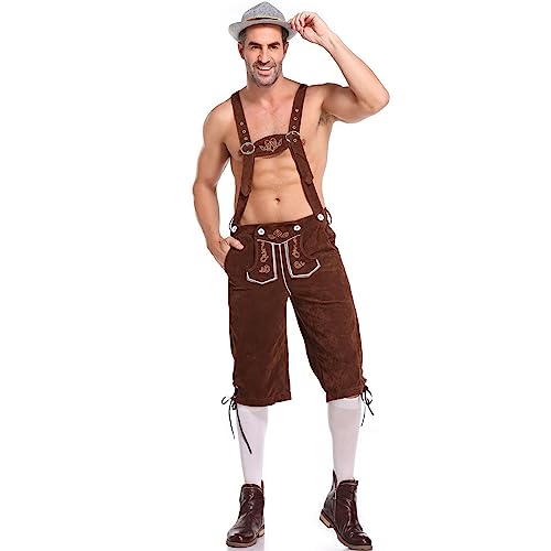 Beokeuioe Oktoberfest Lederhose kurz bayerische Herren Trachten Lederhose, Trachtenlederhose mit Trägern, original in Dunkelbraun/mittelbraun/schwarz, Trachtenlederhose von Beokeuioe