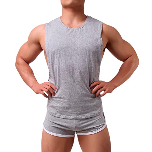Beokeuioe Pyjama Anzug Herren Schlafanzug Kurz Pyjama Set Tank Top Shorts Pyjamahos Baumwolle Sommer Shorty Nachtwäsche Zweiteilige Schlafanzüge Jogginganzug Sportanzug von Beokeuioe