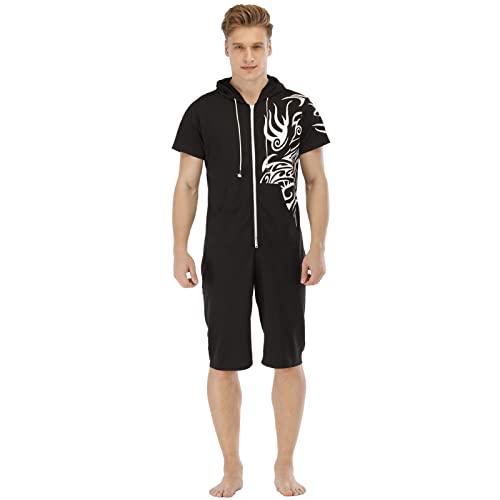 Beokeuioe Schlafanzug Herren Kurz Jumpsuit Onesie Sommer Overall Pyjama Hoodie Jogginghose Männer T-Shirt Kurze Hose Einteiler Hoodie Jogginganzug Schlafoverall Nachtwäsche von Beokeuioe