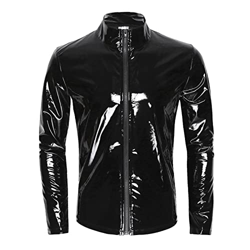 Beokeuioe Sexy Oberteil Herren Lack-Optik Jacke T-Shirt Slim Fit Latex Glänzend Tops Lack Leder mit Stehkragen Hippie Disco Party Clubwear LedermantelWetlook top von Beokeuioe