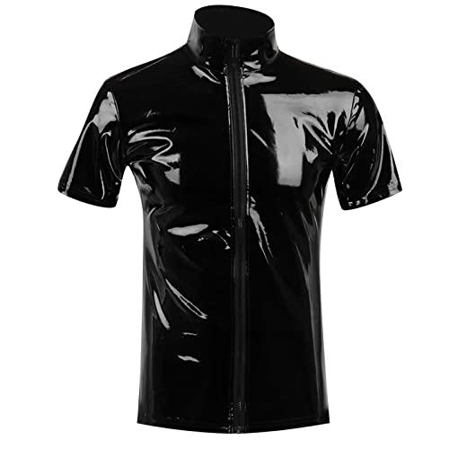 Beokeuioe Sexy Oberteil Herren Lack-Optik Jacke T-Shirt Slim Fit Latex Glänzend Tops Lack Leder mit Stehkragen Hippie Disco Party Clubwear LedermantelWetlook top von Beokeuioe