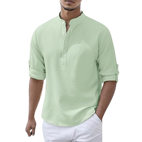 Beokeuioe Shirt Sommerhemd Herren Hemd Langarm Regular Fit Freizeithemd Strandhemd Waffel Langarmshirt Stehkragenhemd Atmungsaktiv Herrenhemden Langarm Tshirt von Beokeuioe
