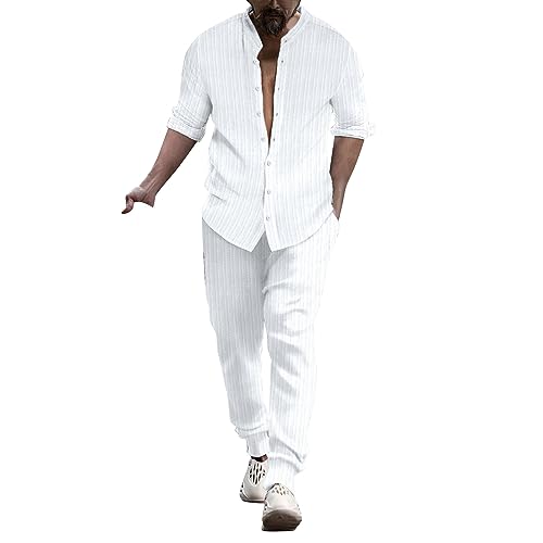 Beokeuioe Sommer Universal Fit Leinenanzug Leinen Hemd und Hose Set Herren Langarm Leinen Hose & Hemd Herren Langarm sommer Freizeitanzug strandanzug Loungewear Pyjama sets von Beokeuioe