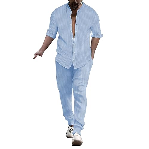 Beokeuioe Sommer Universal Fit Leinenanzug Leinen Hemd und Hose Set Herren Langarm Leinen Hose & Hemd Herren Langarm sommer Freizeitanzug strandanzug Loungewear Pyjama sets von Beokeuioe