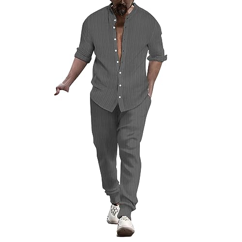 Beokeuioe Sommer Universal Fit Leinenanzug Leinen Hemd und Hose Set Herren Langarm Leinen Hose & Hemd Herren Langarm sommer Freizeitanzug strandanzug Loungewear Pyjama sets von Beokeuioe