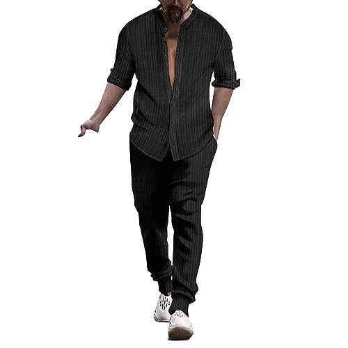 Beokeuioe Sommer Universal Fit Leinenanzug Leinen Hemd und Hose Set Herren Langarm Leinen Hose & Hemd Herren Langarm sommer Freizeitanzug strandanzug Loungewear Pyjama sets von Beokeuioe