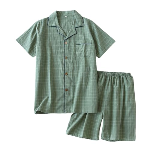 Beokeuioe T-Shirt Pyjamahose Herren Schlafanzug Kurz Baumwolle mit Knöpfen Sommer Zweiteilig Set Kurzarm Nightwear Set Hausanzug Nachthemd + shorts von Beokeuioe