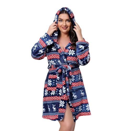 Beokeuioe Weihnachten Pyjama Bademantel Damen plüsch Morgenmantel Damen mit Kapuze Flauschig Fleece Schlafanzüge Weiche Saunamantel Leicht Bademantel mit Gürtel Hausmantel von Beokeuioe