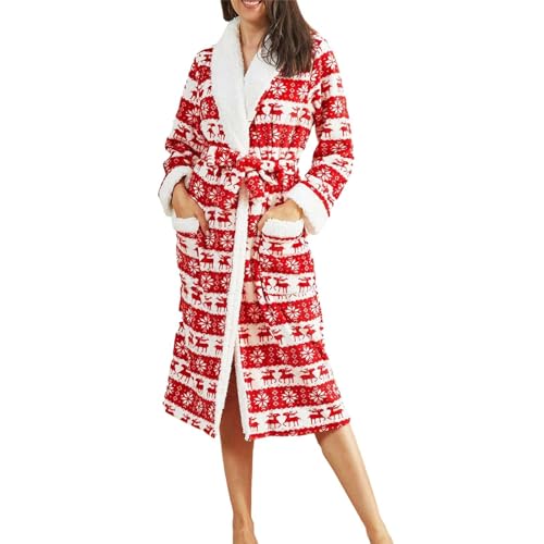 Beokeuioe Weihnachten Schlafanzug Damen lang Fleece Morgenmantel Damen, Flanell Bademantel Damen Flauschig, Kuschelige Bademäntel für Damen Saunamantel Winter spa Robe von Beokeuioe