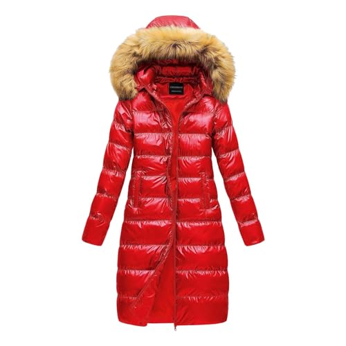 Beokeuioe Winterjacke Frauen Glänzend Daunenjacke Slim Pufferjacke Glänzender Mantel Damen Daunenjacke Lange Steppjacke Glänzende Mäntel Wintermantel Faux Pelzkragen Oberbekleidung von Beokeuioe