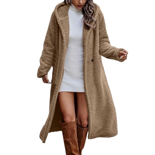 Beokeuioe Winterjacke mit Kapuze Damen Teddy Fleece Mantel Oversized Jacke Lang Warme Mit Taschen Plüschjacke Gefüttert Plüschmantel Cardigan Outwear Teddyfleece Mantel Elegant von Beokeuioe