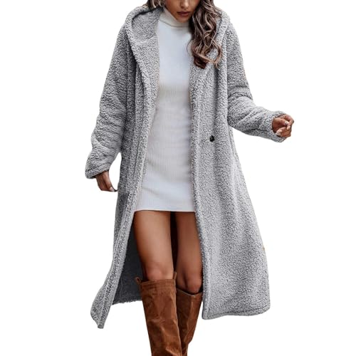 Beokeuioe Winterjacke mit Kapuze Damen Teddy Fleece Mantel Oversized Jacke Lang Warme Mit Taschen Plüschjacke Gefüttert Plüschmantel Cardigan Outwear Teddyfleece Mantel Elegant von Beokeuioe