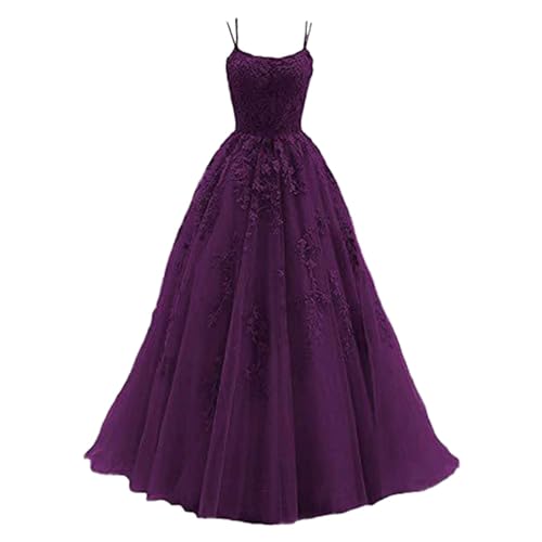 Damen Ballkleid aus Tüll mit Spaghettiträgern Lange Spitzenapplikationen Abendkleider A Linie formelle Party Abendkle Cocktailkleid Brautkleider Maxikleid Tüllkleid von Beokeuioe