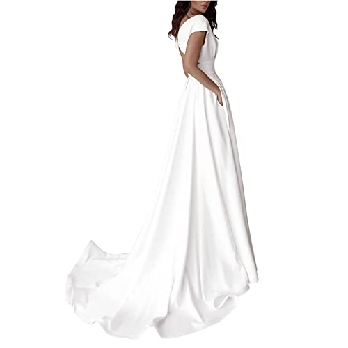 Damen Brautkleider A-Linie Lang Spitzen Hochzeitskleider mit Ärmel Prinzessin Trauung Kleid Standesamtliche Brautkleid Damen Lang Schlichte Brautmode Tüll V-Ausschnitt von Beokeuioe