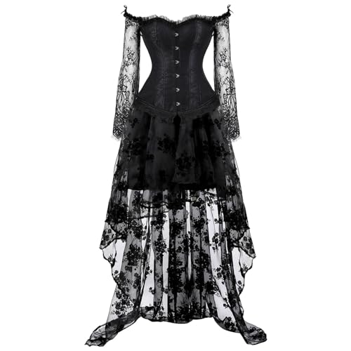 Damen Gothic Steampunk Stahlstäbchen Korsett Kleid Mittelalter Kostüm Rock Set Halloween Kostüm Schwarz Korsagen Gothic Taille Korset Lang Hauch Bluse Kurze Korsett + Röcke von Beokeuioe