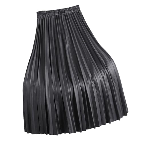 Damen PU Leder Rock Plissierter Lederrock Einfarbig Langer Röcke Maxirock Elastische Bund Hohe Taille Bequem Lässig Plisseerock Elegant Maxi Faltenrock Glänzender Skirt von Beokeuioe