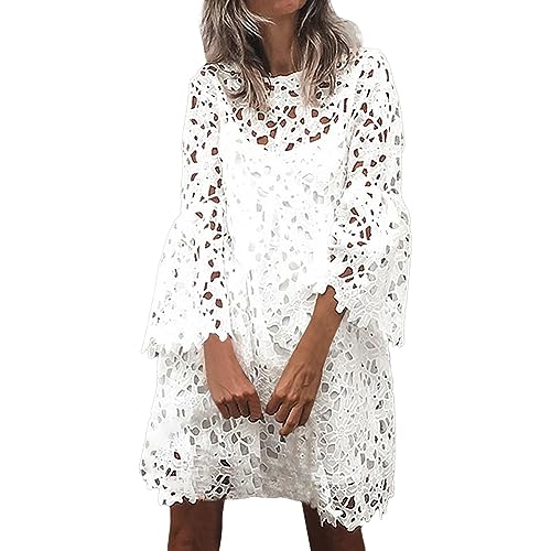 Ethnischkleid Langarm Spitzekleider Boho Sommer Kleider Damen Kleid Frühling und Sommer mit Glockenärmel Loose Midikleider A-Linie Strandkleider Elegant Freizeitkleider von Beokeuioe