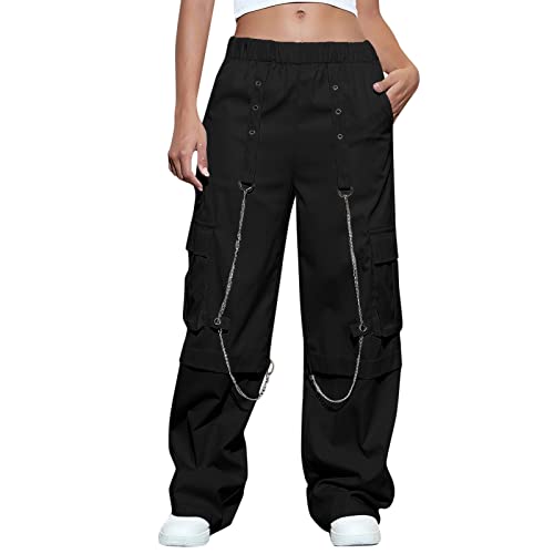 Gothic Baggy Hose Cargohose Damen Y2k mit Kette Weite Parachute Pants Mädchen High Waist Streetwear Lockere Jogginghose Weite Bein Vintage Aesthetic Hosen Freizeithose von Beokeuioe