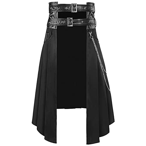 Gothic Punk Rock Herren Gothic Kilt Rock Herren mittelalterlicher Krieger Kilt Mode Vintage Leder Patchwork Pocket Knight Rock Knielang Gothic Rock Faltenrock von Beokeuioe